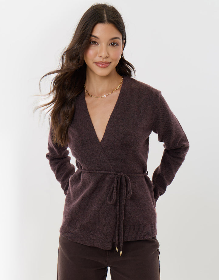 Relaxed Fit Belted Wrap Cardigan in Chocolate Brown