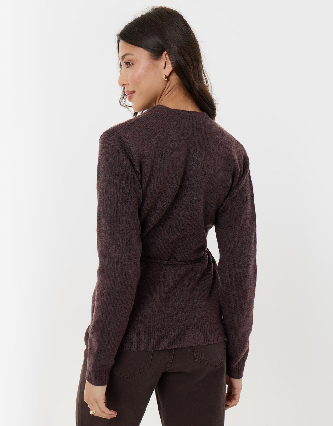 Relaxed Fit Belted Wrap Cardigan in Chocolate Brown