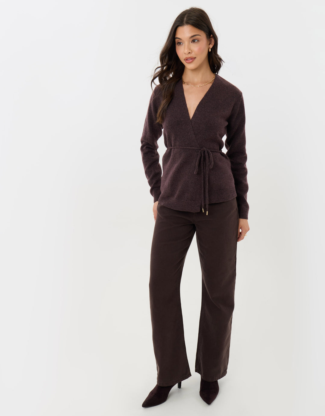 Relaxed Fit Belted Wrap Cardigan in Chocolate Brown