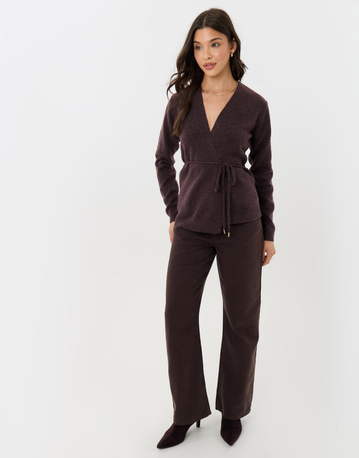 Relaxed Fit Belted Wrap Cardigan in Chocolate Brown