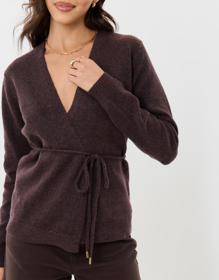 Relaxed Fit Belted Wrap Cardigan in Chocolate Brown