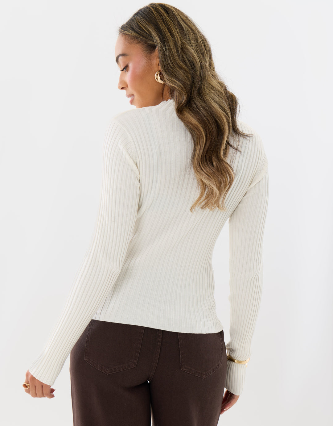 Ribbed High Neck Jumper in Ecru