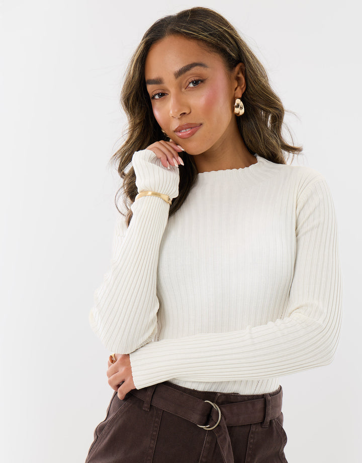 Ribbed High Neck Jumper in Ecru