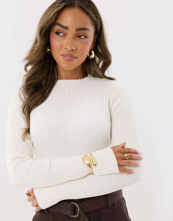 Ribbed High Neck Jumper in Ecru