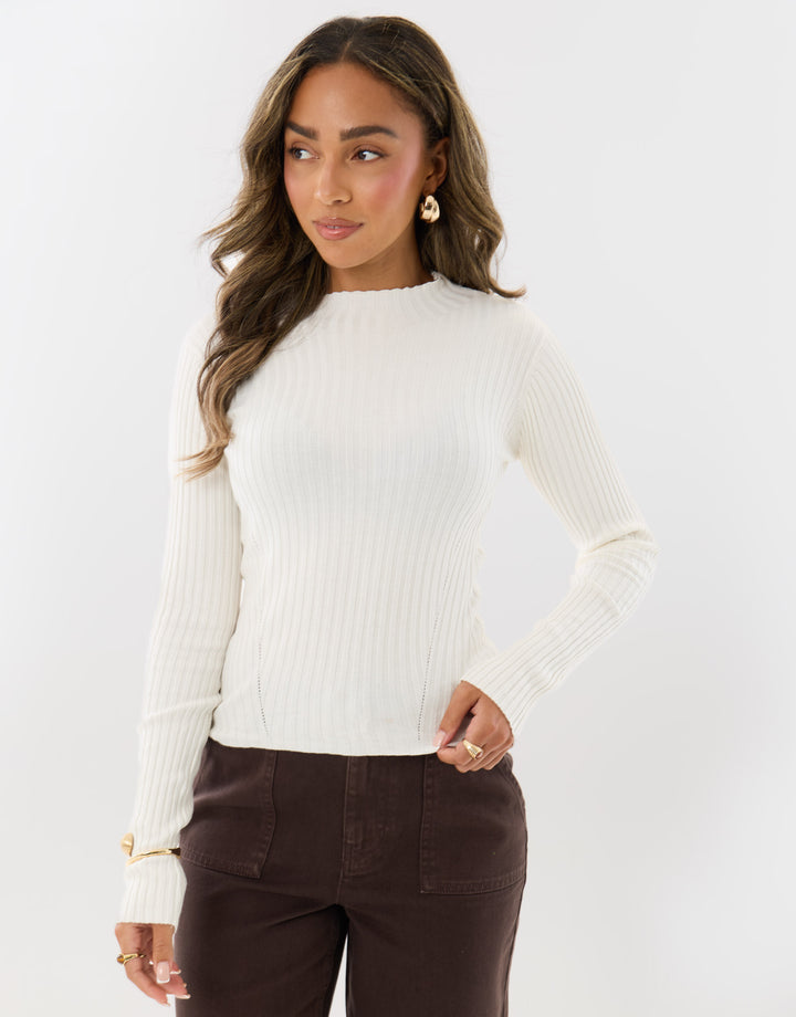 Ribbed High Neck Jumper in Ecru