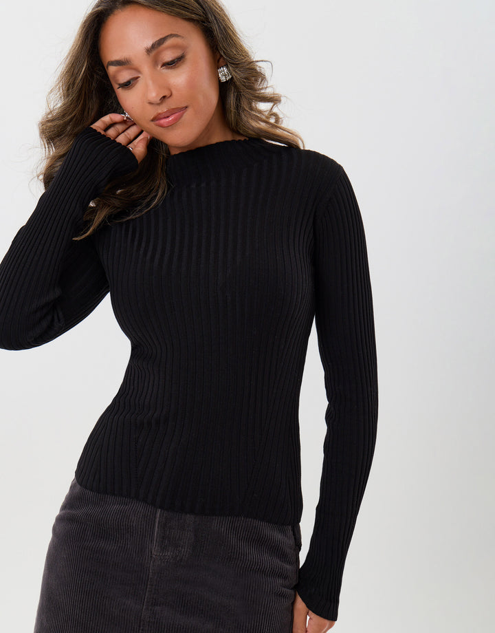Ribbed High Neck Jumper in Black