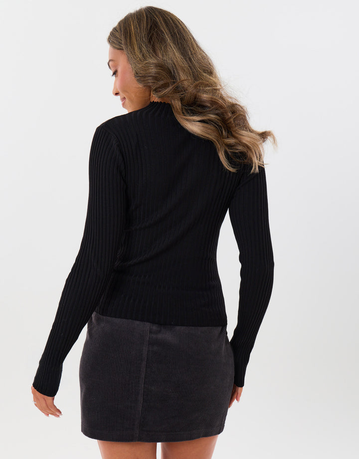 Ribbed High Neck Jumper in Black