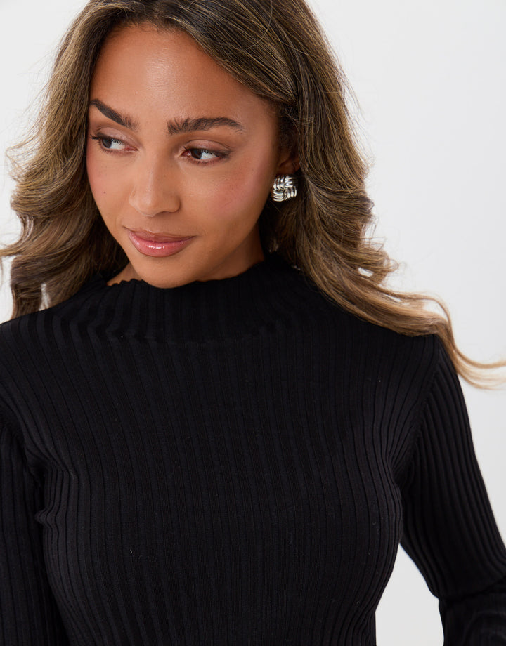 Ribbed High Neck Jumper in Black