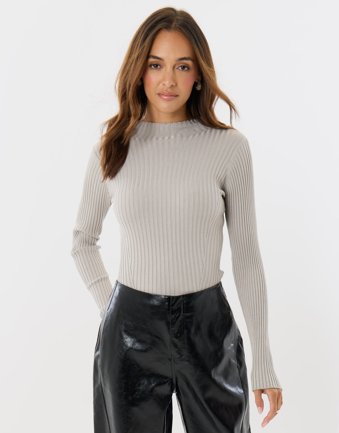 Ribbed High Neck Jumper in Light Grey
