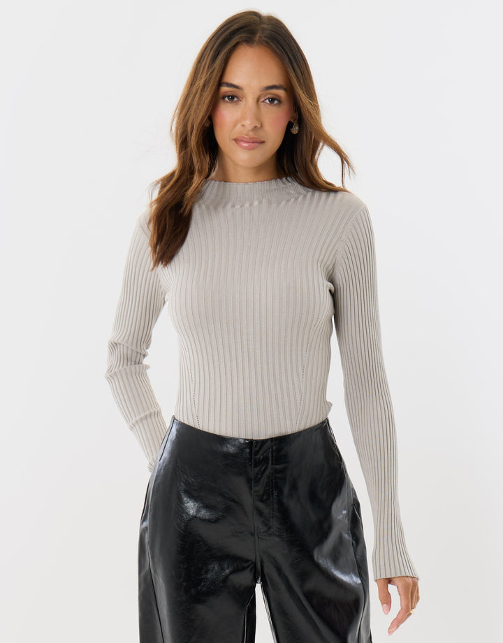 Ribbed High Neck Jumper in Light Grey