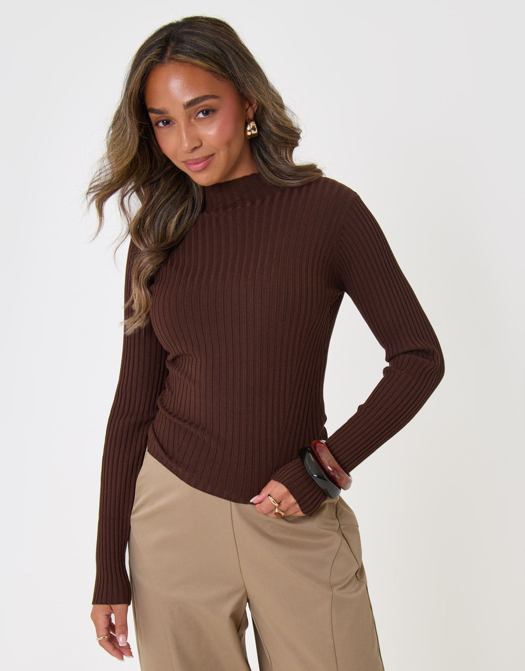Ribbed High Neck Jumper in Chocolate Brown