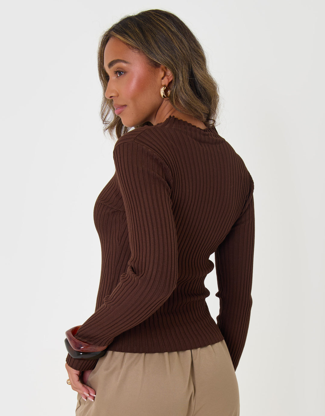 Ribbed High Neck Jumper in Chocolate Brown
