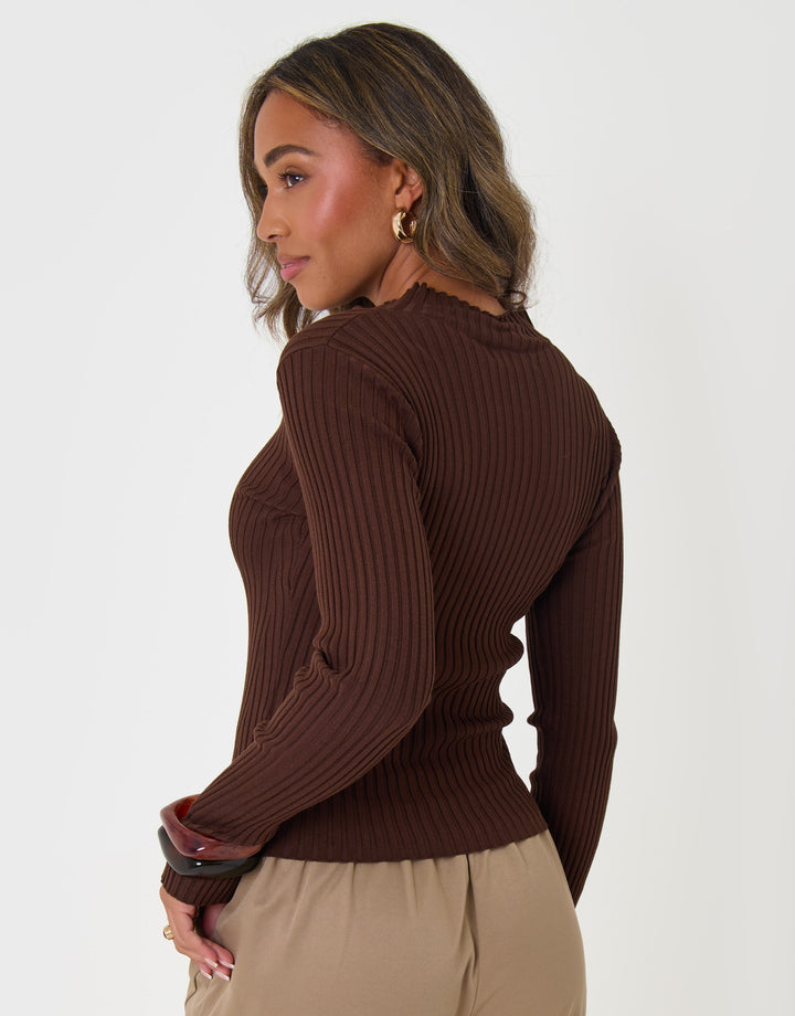 Ribbed High Neck Jumper in Chocolate Brown