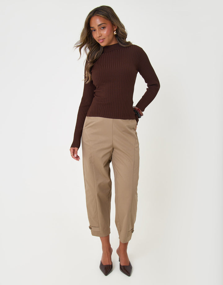 Ribbed High Neck Jumper in Chocolate Brown