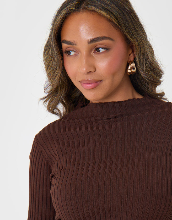 Ribbed High Neck Jumper in Chocolate Brown
