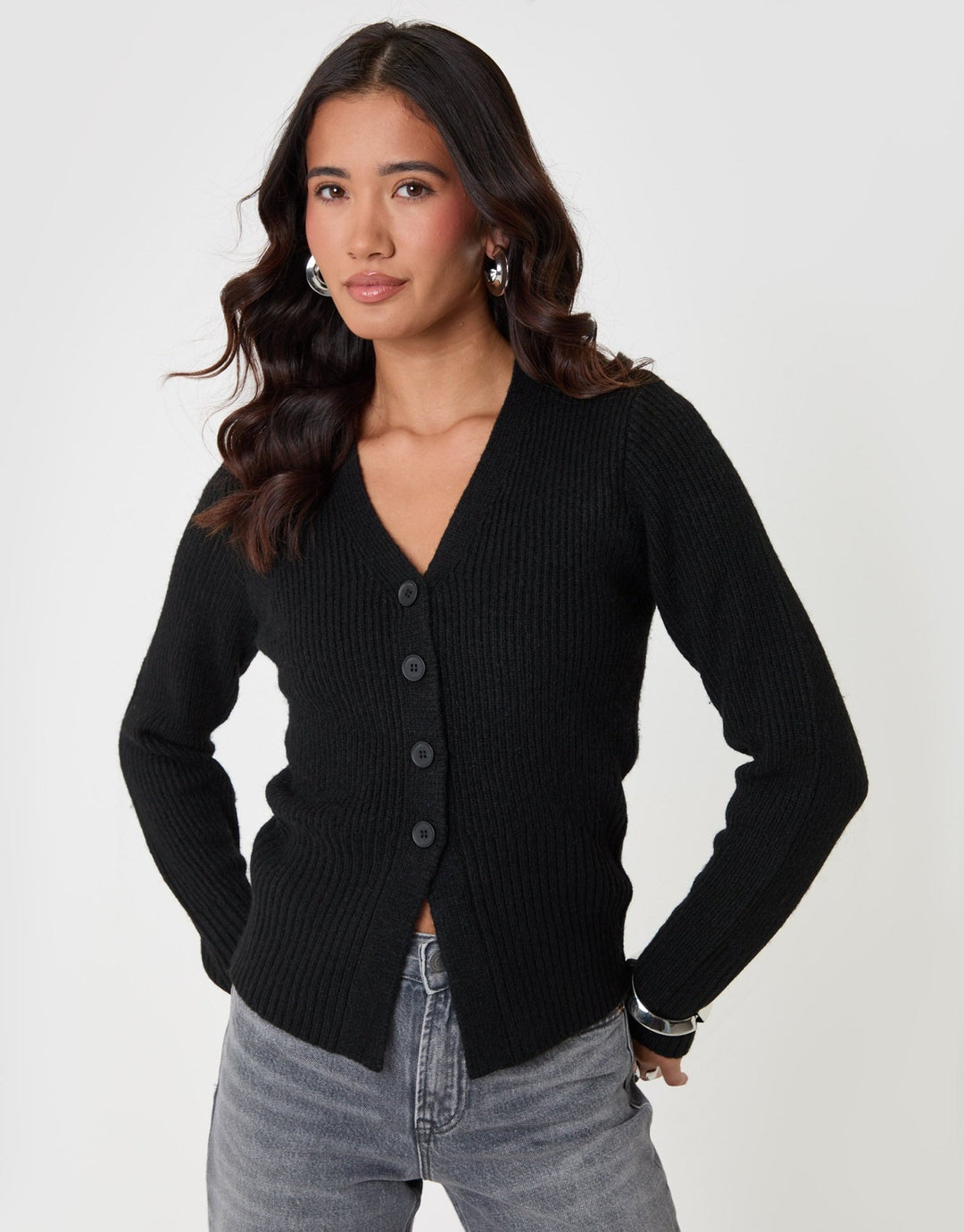 Threadbare V Neck Knitted Cardigan in Black - full body