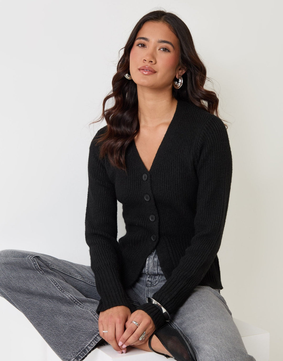Threadbare V Neck Knitted Cardigan in Black - sat down