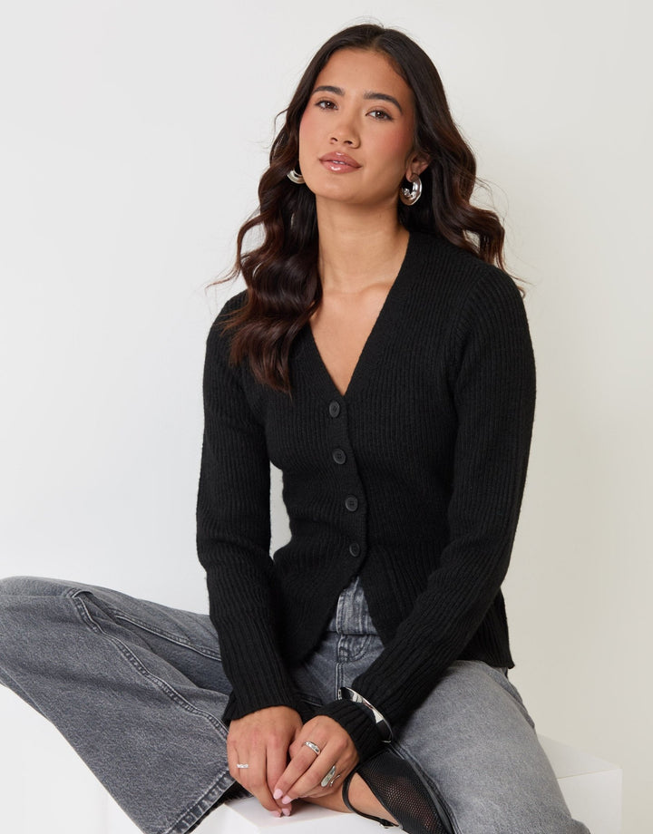 Threadbare V Neck Knitted Cardigan in Black - sat down