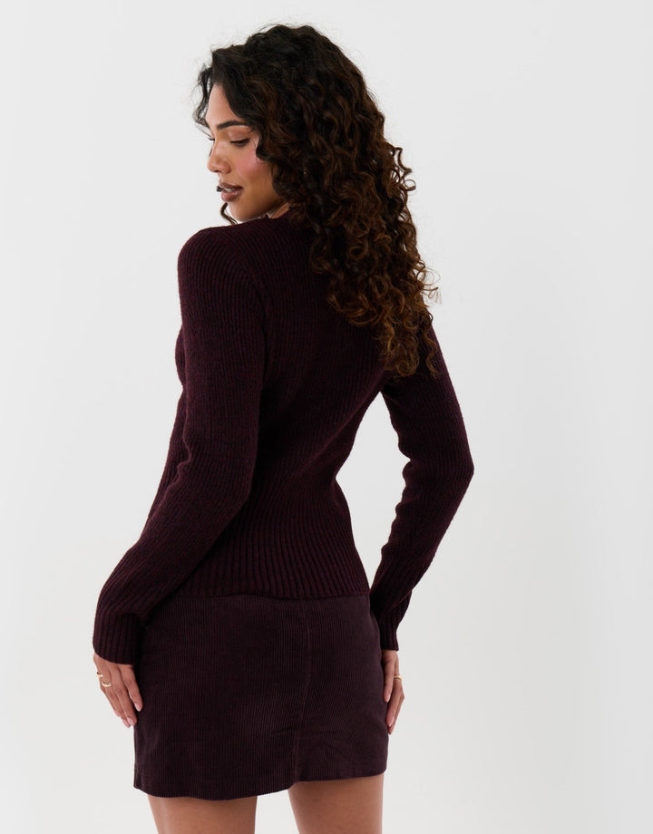 Threadbare V Neck Knitted Cardigan in Plum - back view