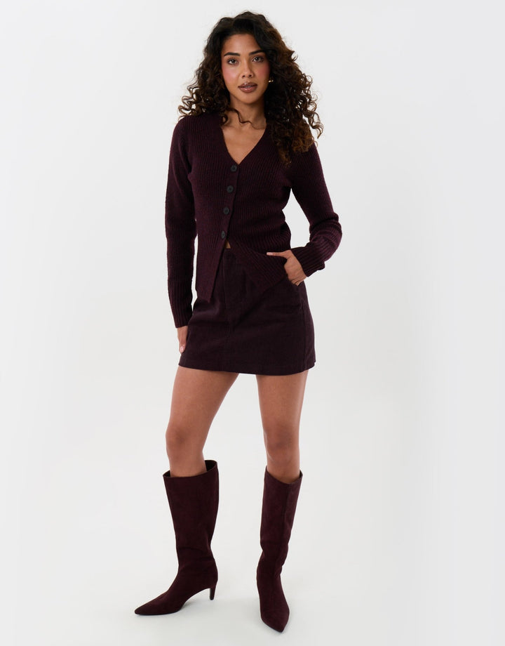 Threadbare V Neck Knitted Cardigan in Plum - full body