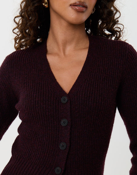 Threadbare V Neck Knitted Cardigan in Plum - detail