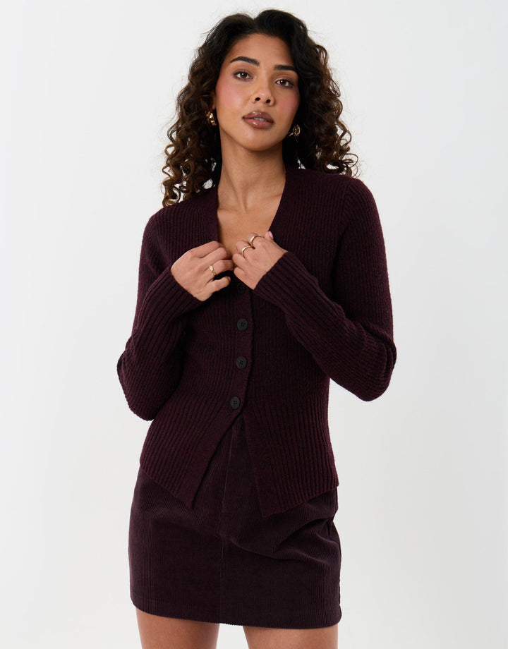 Threadbare V Neck Knitted Cardigan in Plum - front view