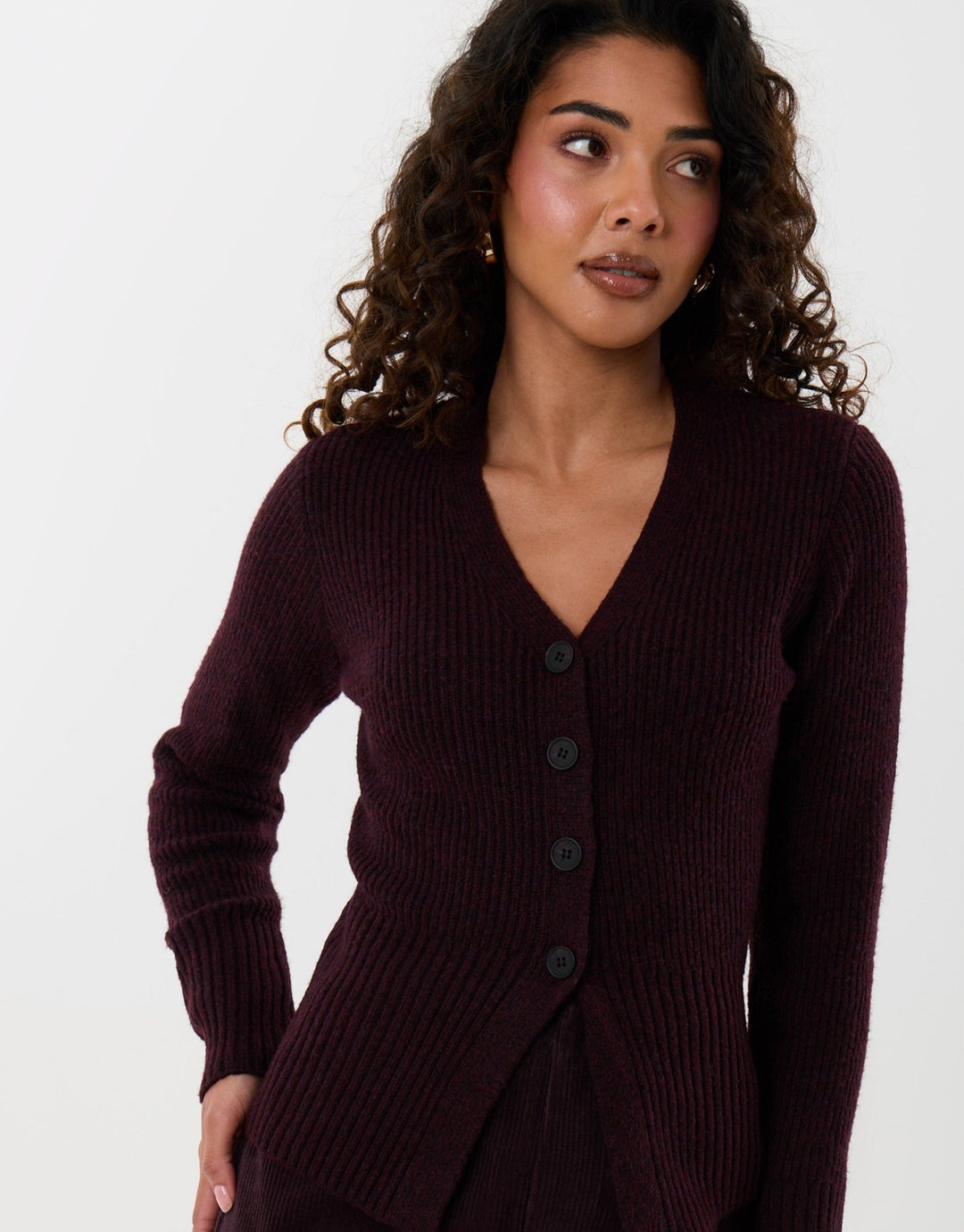 Threadbare V Neck Knitted Cardigan in Plum - side