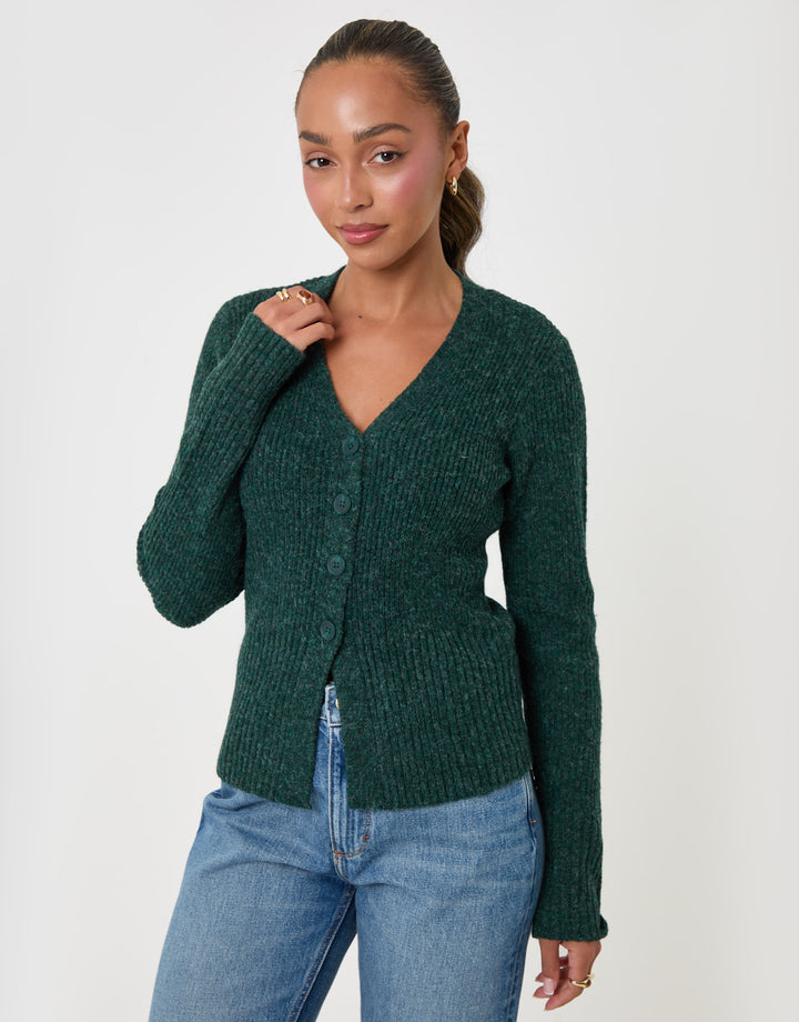 Threadbare V Neck Cardigan Knitted in Green - front view
