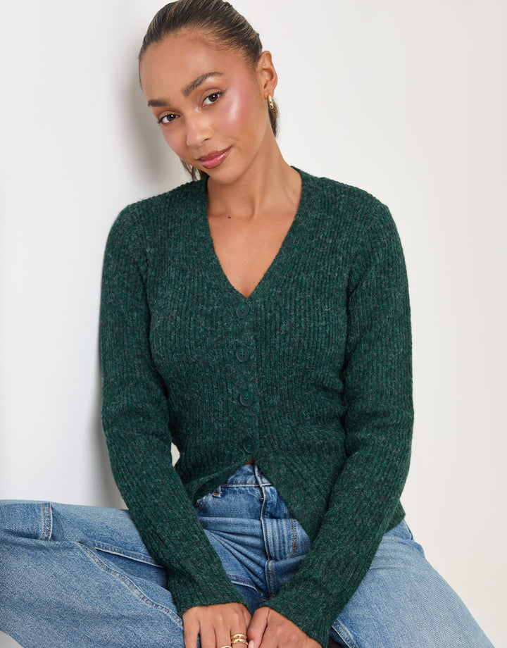 Threadbare V Neck Cardigan Knitted in Green - sat down