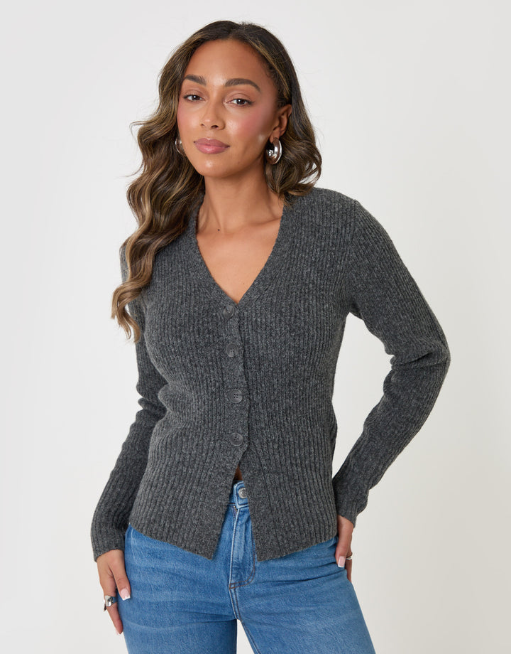 Threadbare V Neck Cardigan Knitted in Charcoal Grey - front view