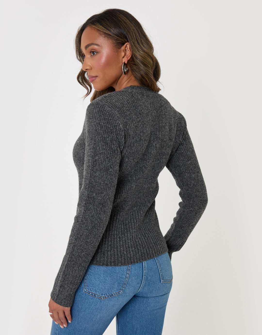 Threadbare V Neck Cardigan Knitted in Charcoal Grey - back view