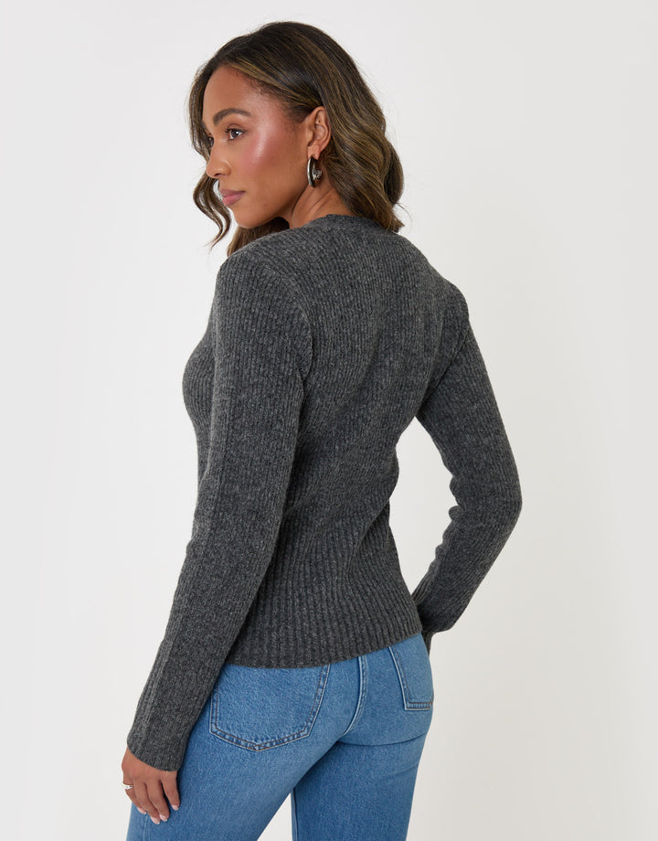 Threadbare V Neck Cardigan Knitted in Charcoal Grey - back view