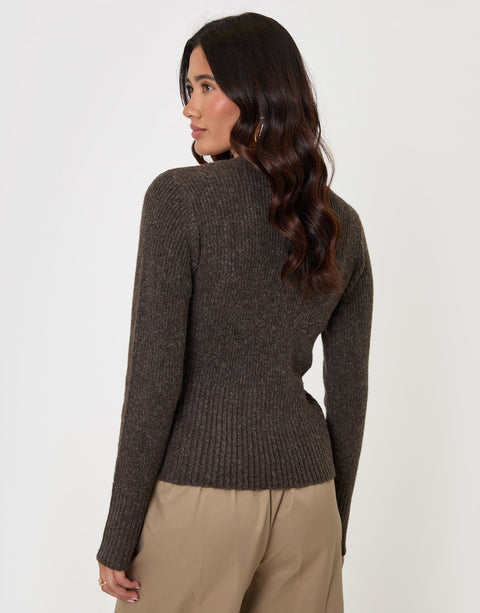 Threadbare V Neck Knitted Cardigan in Chocolate Brown - back view