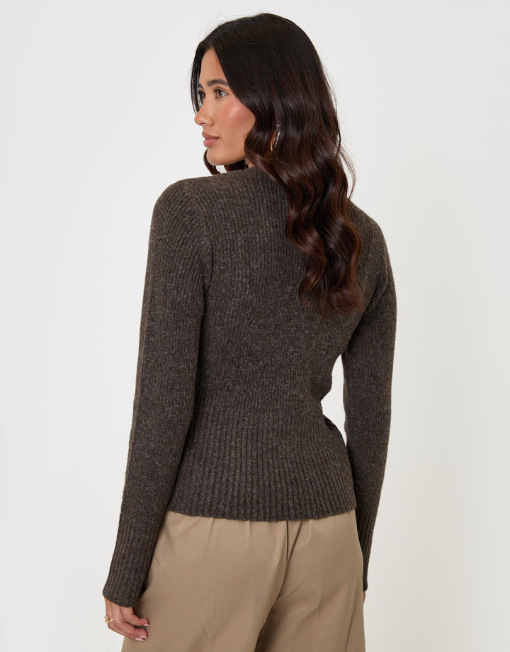 Threadbare V Neck Knitted Cardigan in Chocolate Brown - back view