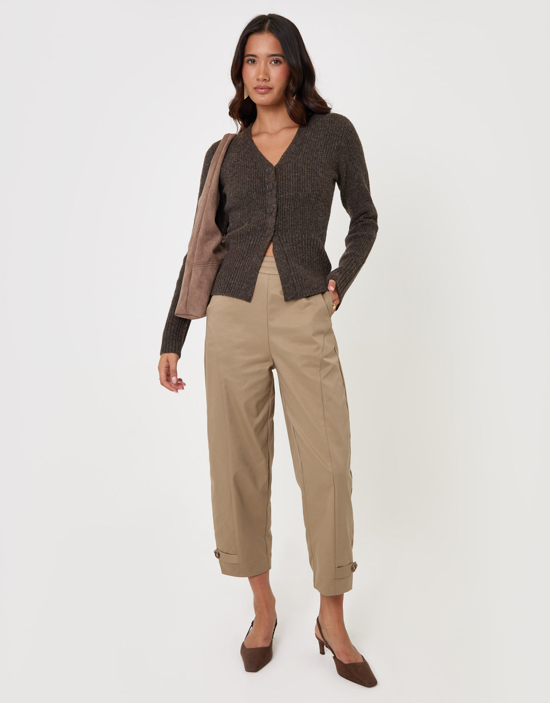 Threadbare V Neck Knitted Cardigan in Chocolate Brown - full body