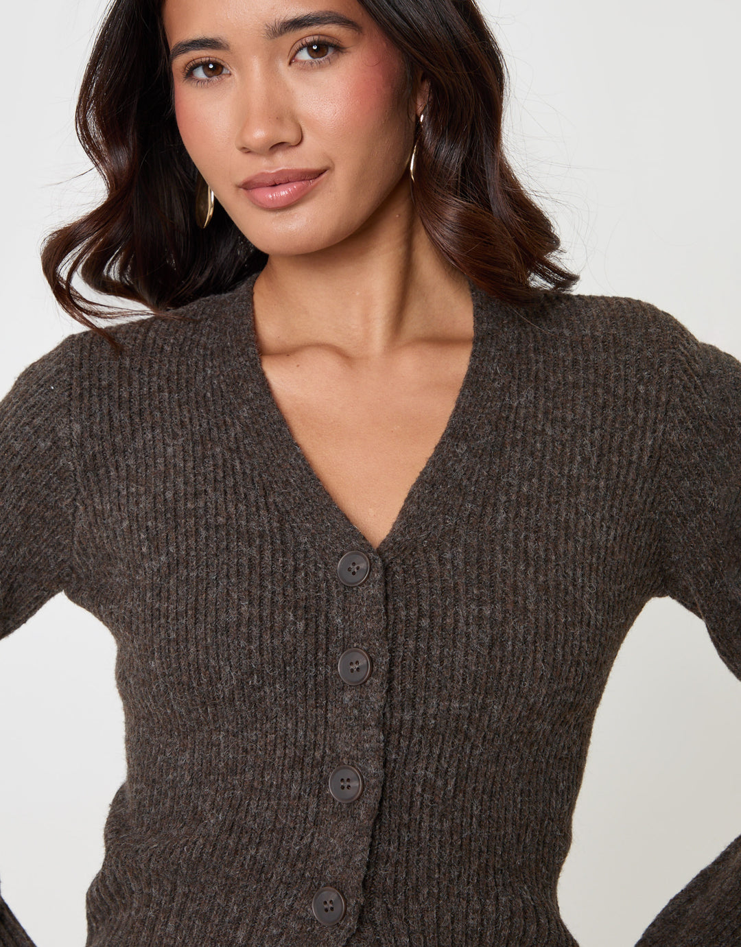 Threadbare V Neck Knitted Cardigan in Chocolate Brown - close up