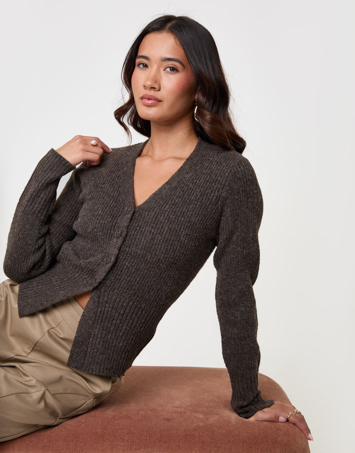 Threadbare V Neck Knitted Cardigan in Chocolate Brown - sat down
