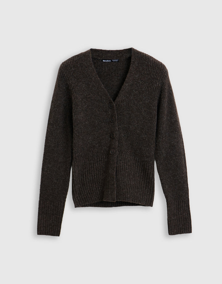 V Neck Knitted Cardigan in Chocolate Brown