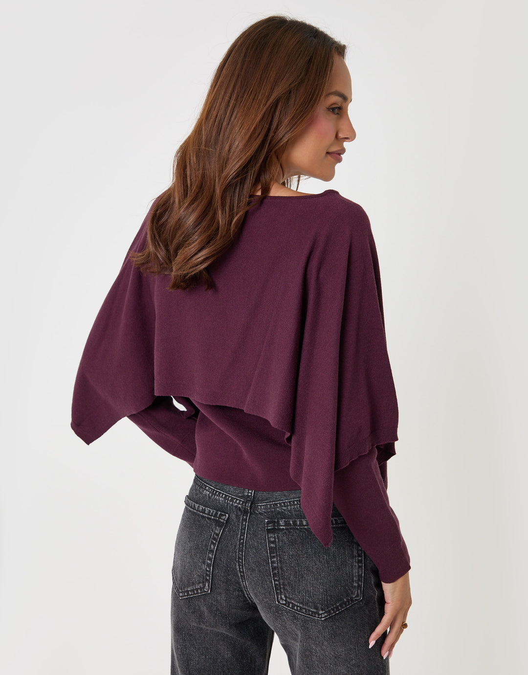 Threadbare Long Sleeve Cape Top in Plum - back view