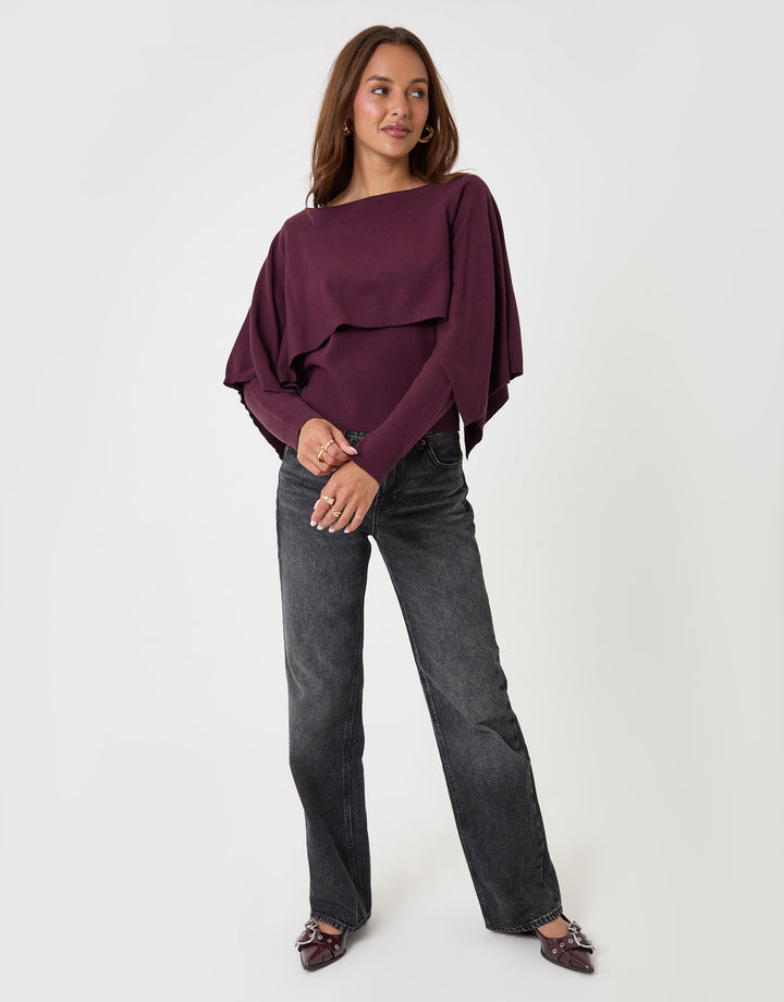 Threadbare Long Sleeve Cape Top in Plum - full body