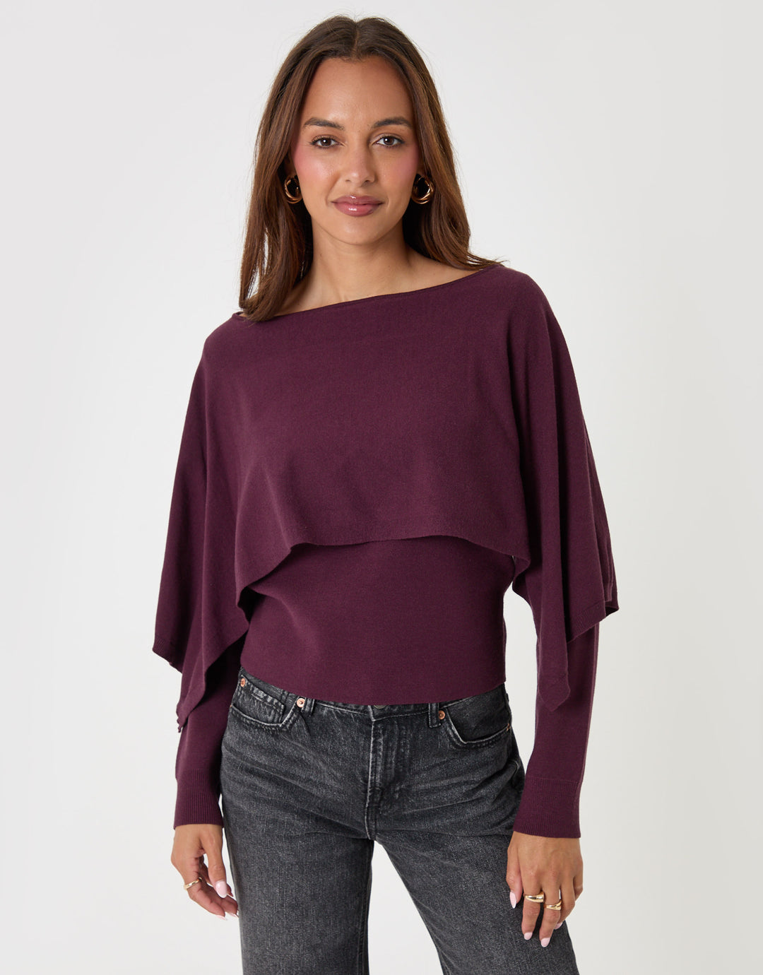 Threadbare Long Sleeve Cape Top in Plum - close up