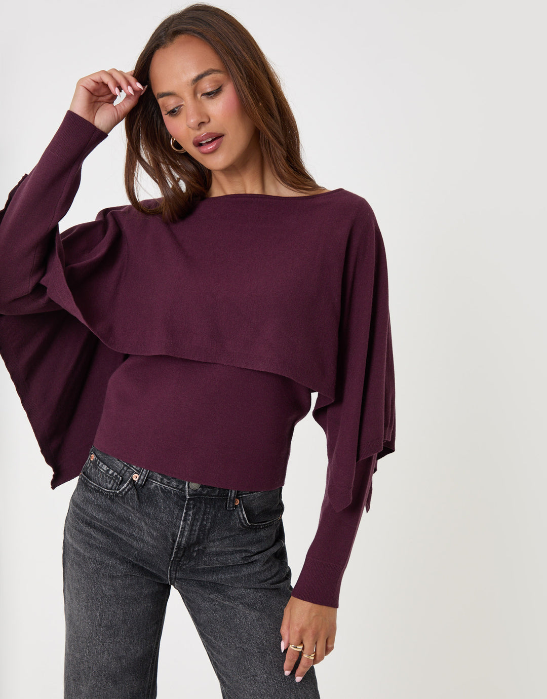 Threadbare Long Sleeve Cape Top in Plum - front view