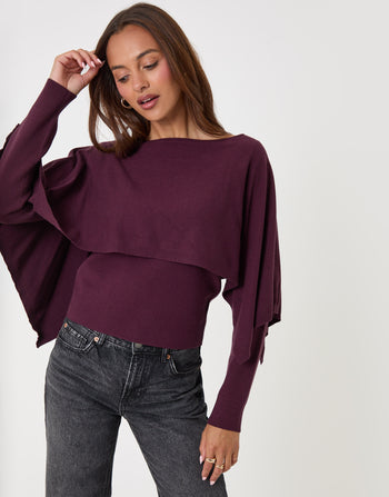 Threadbare Long Sleeve Cape Top in Plum - front view