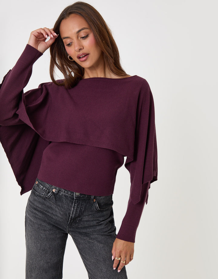Threadbare Long Sleeve Cape Top in Plum - front view