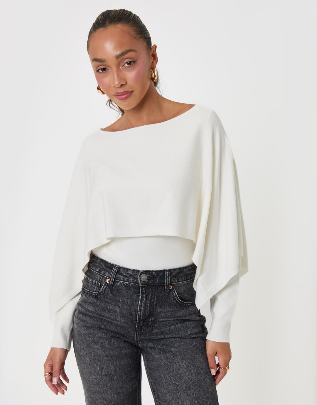 Threadbare Long Sleeve Cape Top in Ecru - front view