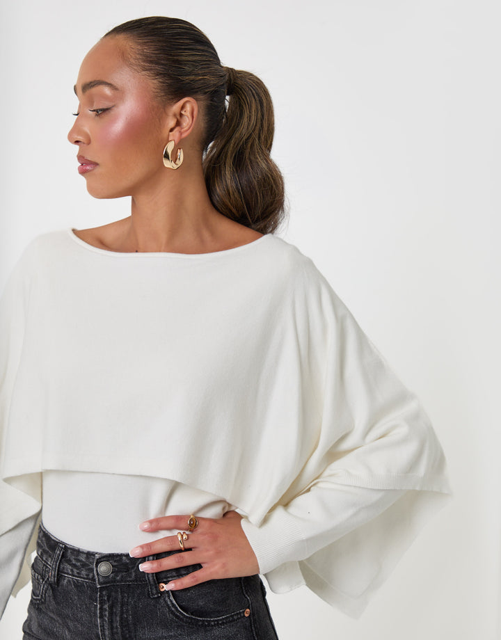 Threadbare Long Sleeve Cape Top in Ecru - close up