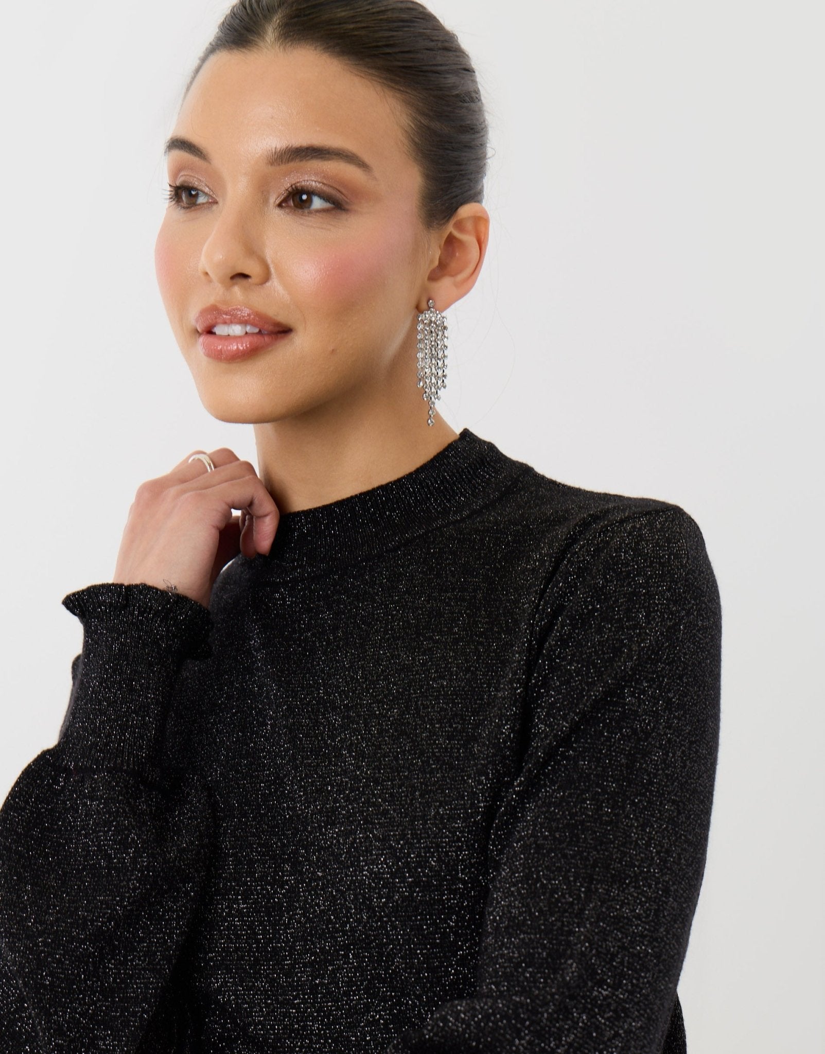 Metallic Funnel Neck Ruffle Jumper in Black