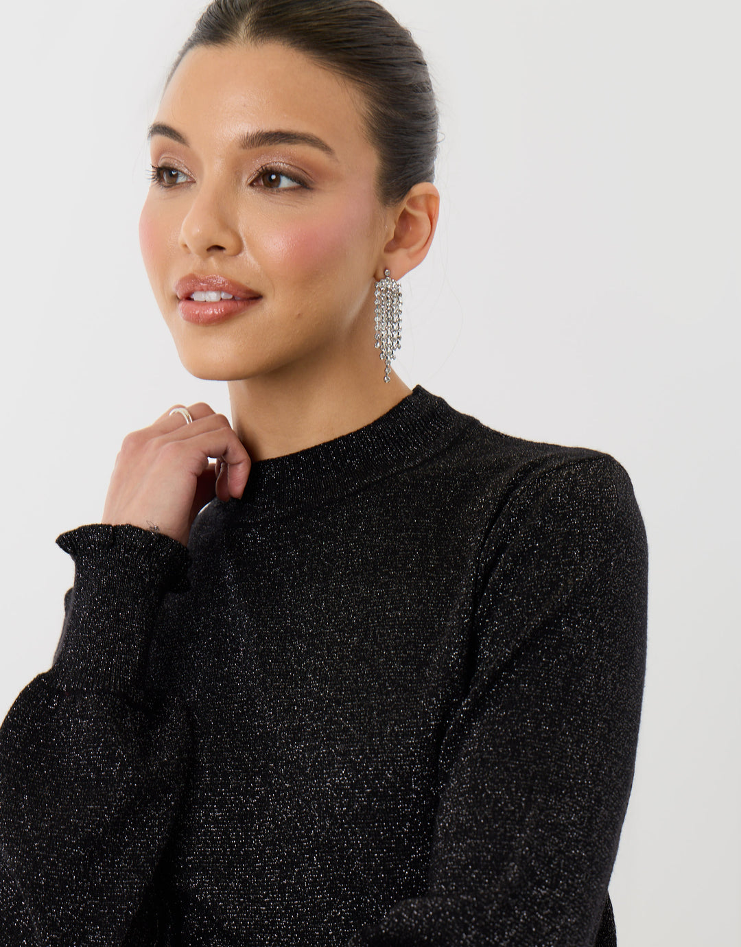 Metallic Funnel Neck Ruffle Jumper in Black