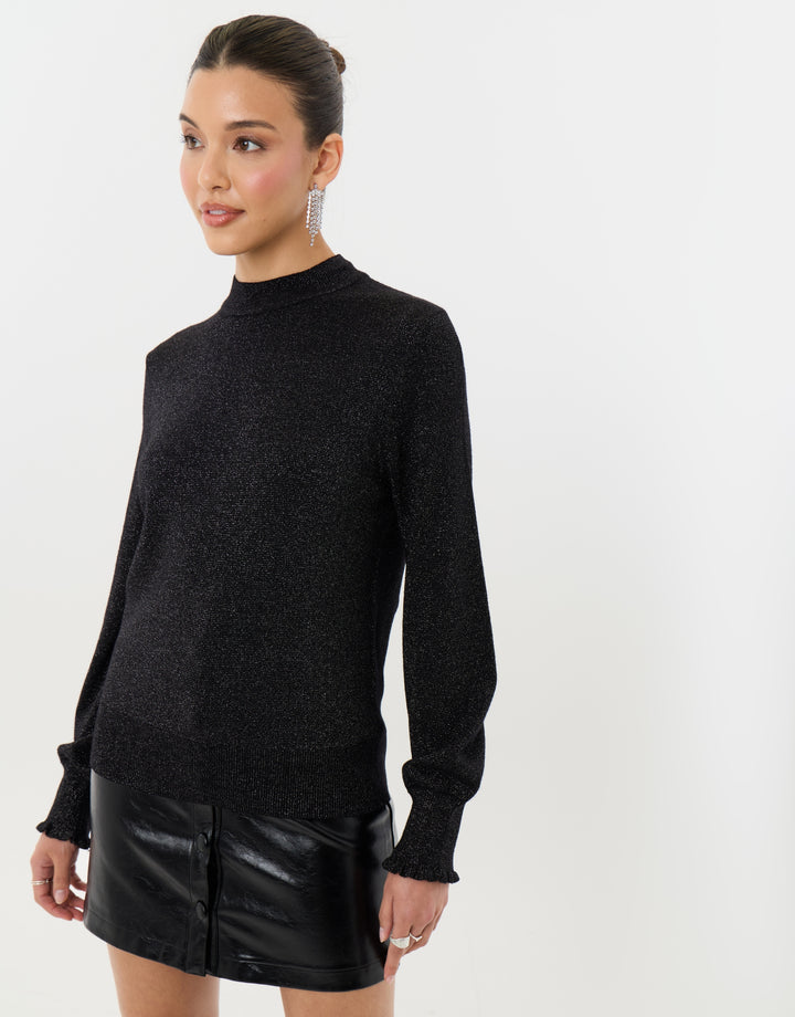 Metallic Funnel Neck Ruffle Jumper in Black