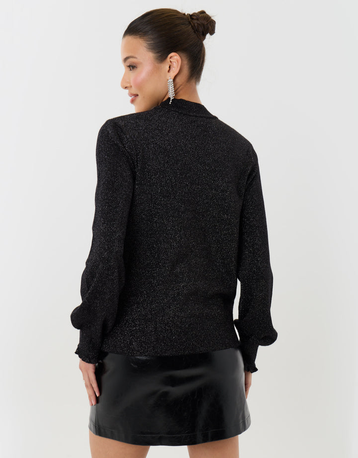 Metallic Funnel Neck Ruffle Jumper in Black